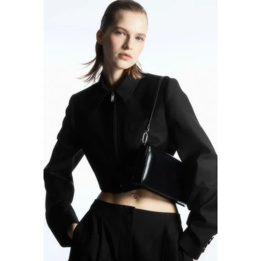 COS Black Cropped Wool Blend Zip Up Minimalist Jacket Womens EUR 42 US 10(M/L)